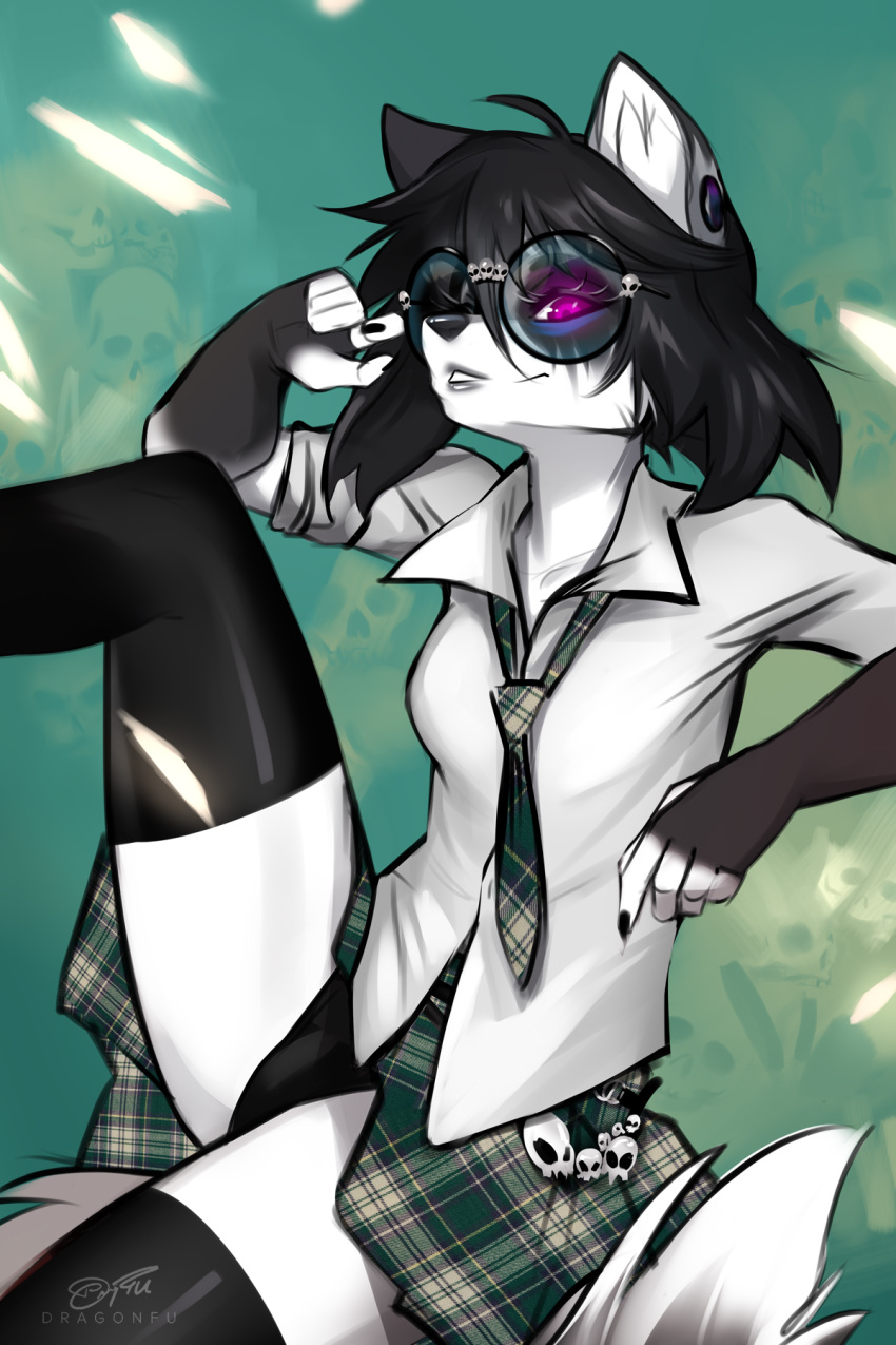 2020 2:3 5_fingers anthro black_hair bottomwear canid canine clothed clothing digital_media_(artwork) dragonfu ear_piercing eyebrows eyelashes eyewear female fingers frankie_(dragonfu) gauged_ear glasses hair hi_res mammal piercing purple_eyes skirt smile solo