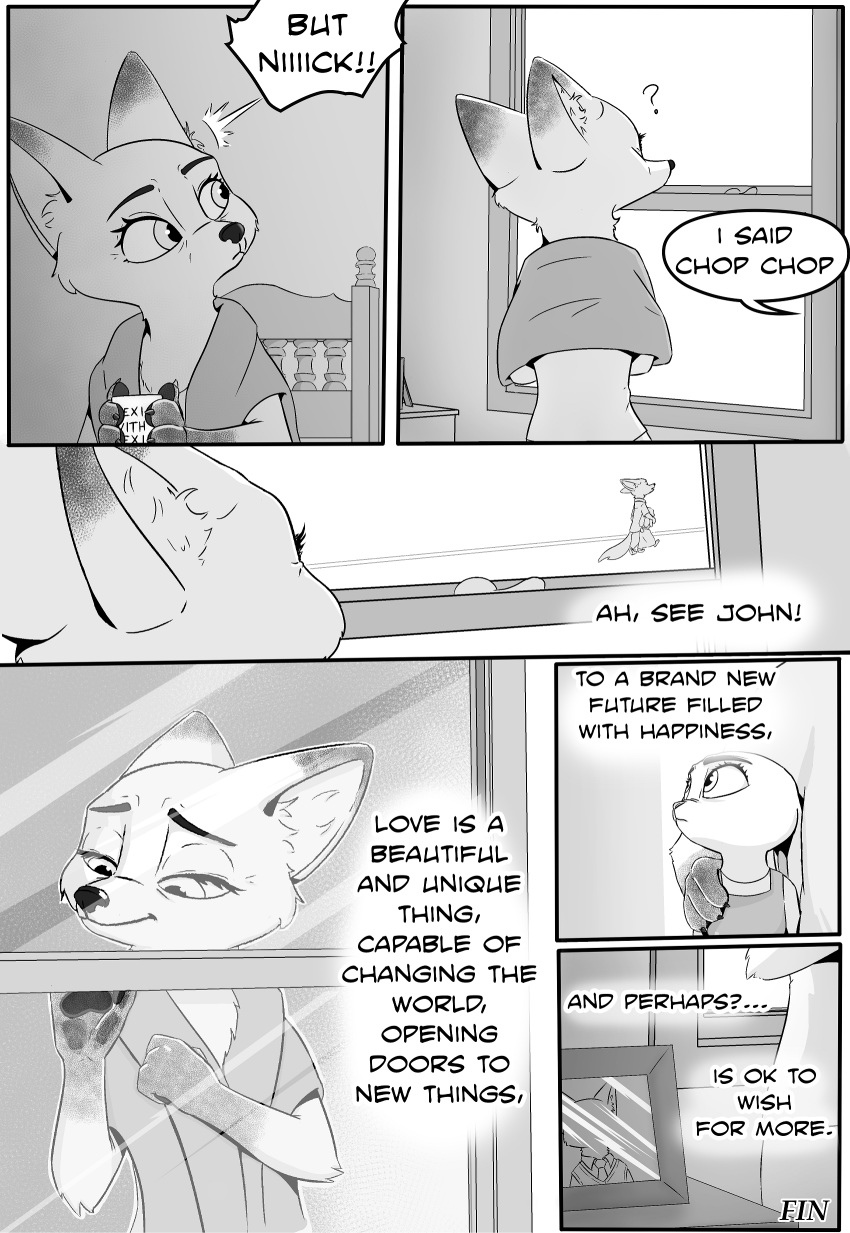 2020 absurd_res anthro canid canine clothed clothing comic dialogue digital_media_(artwork) disney english_text female fox fur greyscale group hi_res judy_hopps lagomorph leporid male male/female mammal manga monochrome mrs._wilde nick_wilde rabbit simple_background text the_gory_saint zootopia