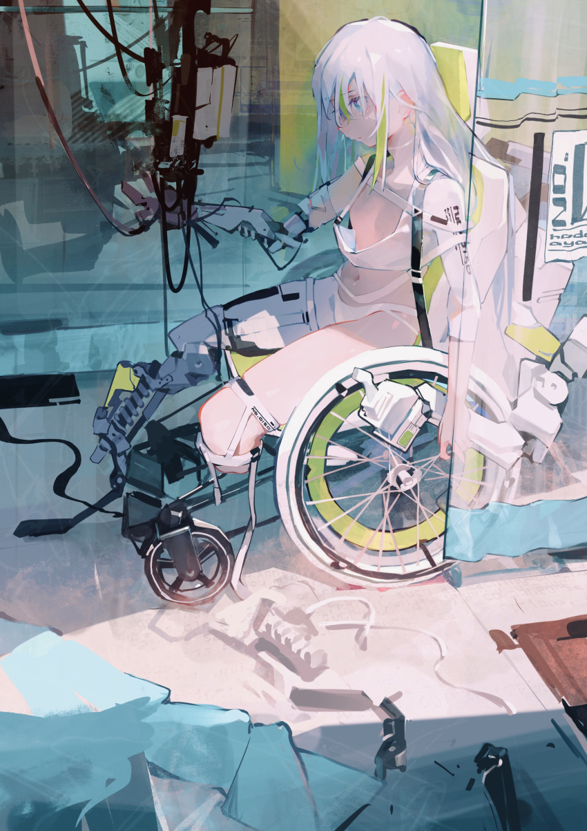 1girl aamond absurdres amputee blue_eyes closed_mouth cyborg green_hair highres long_hair mechanical mechanical_arm mechanical_leg mechanical_parts multicolored multicolored_hair navel original sitting solo wheelchair white_hair