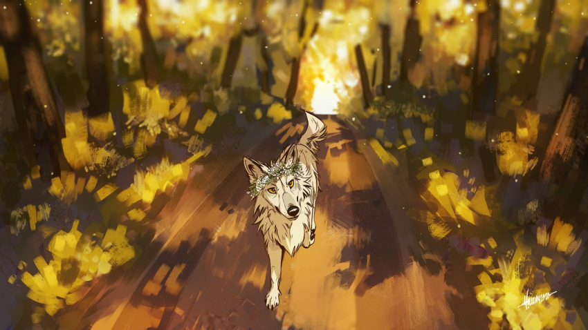 16:9 2020 black_nose canid canine canis detailed_background feral flower flower_crown fur high-angle_view mammal outside plant signature snowfoxatheart solo tree white_body white_fur widescreen wolf