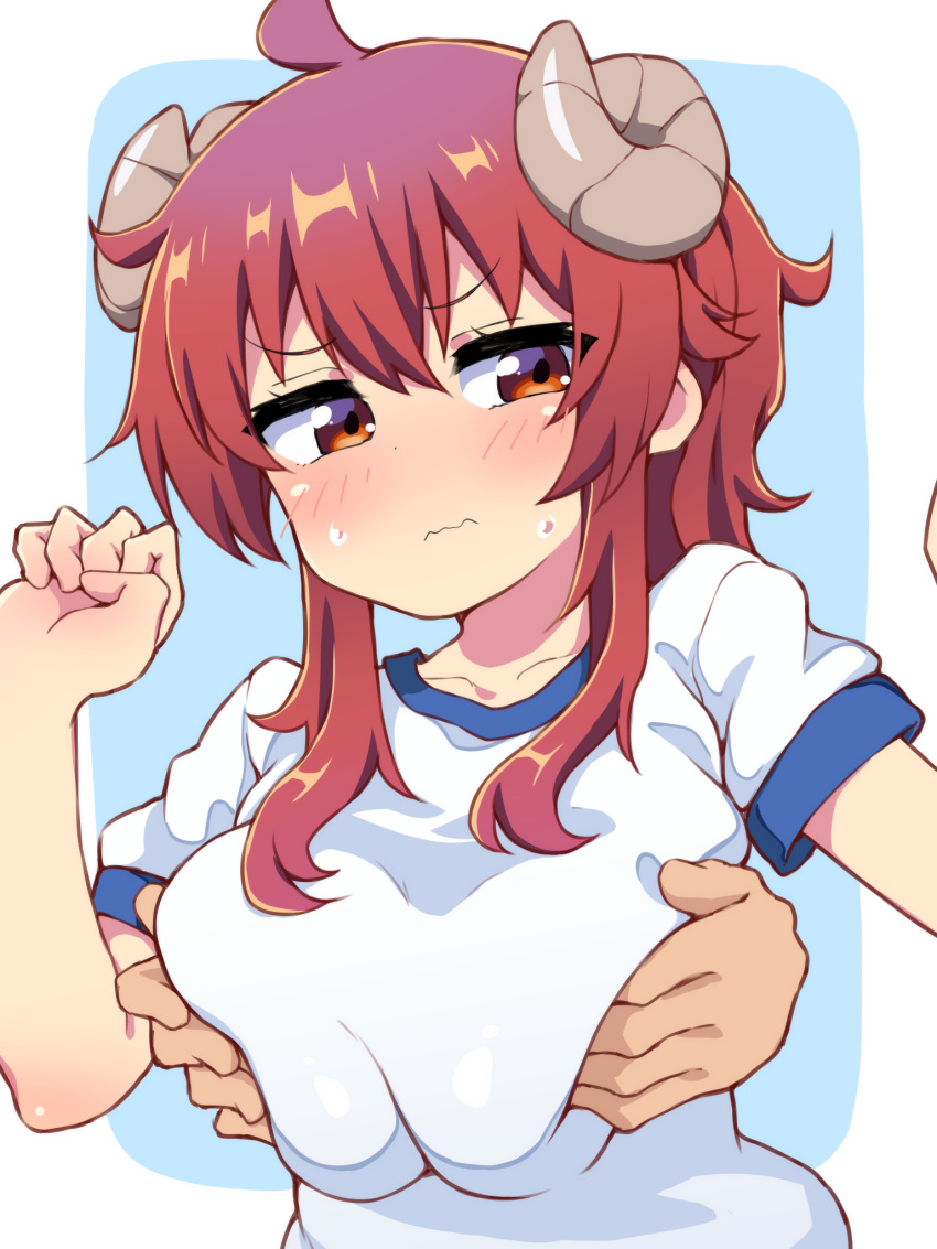 1girl ahoge bangs blush breast_grab breast_squeeze breasts brown_eyes brown_hair demon_horns disembodied_hands grabbing grabbing_from_behind groping gym_uniform highres horns large_breasts long_hair machikado_mazoku mbt64kmb simple_background solo_focus wavy_mouth yoshida_yuuko_(machikado_mazoku)