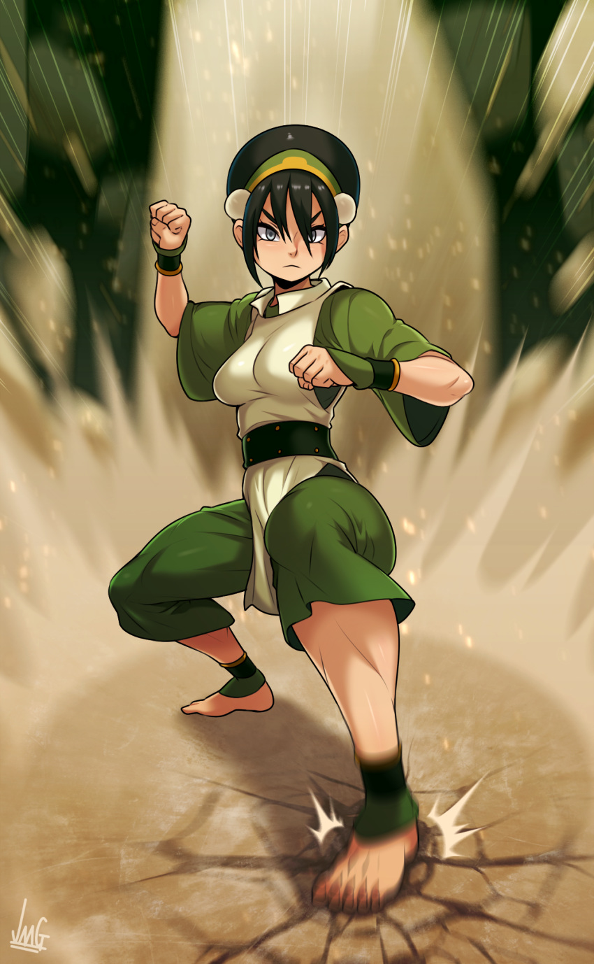 1girl avatar:_the_last_airbender avatar_(series) belt black_hair blind breasts clenched_hands culottes dirty_feet dust_cloud element_bending facing_viewer fighting_stance full_body geokinesis ground_shatter hairband highres jmg medium_breasts motion_blur pelvic_curtain serious short_hair silver_eyes solo studded_belt toph_bei_fong wristband