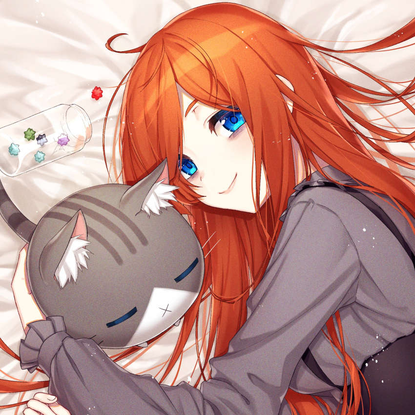 1girl :x ahoge animal_ear_fluff bags_under_eyes bed_sheet blue_eyes blush breasts cat closed_mouth frilled_sleeves frills grey_shirt guribato highres jar long_hair long_sleeves looking_at_viewer lying medium_breasts on_bed on_side original red_hair shirt smile solo upper_body