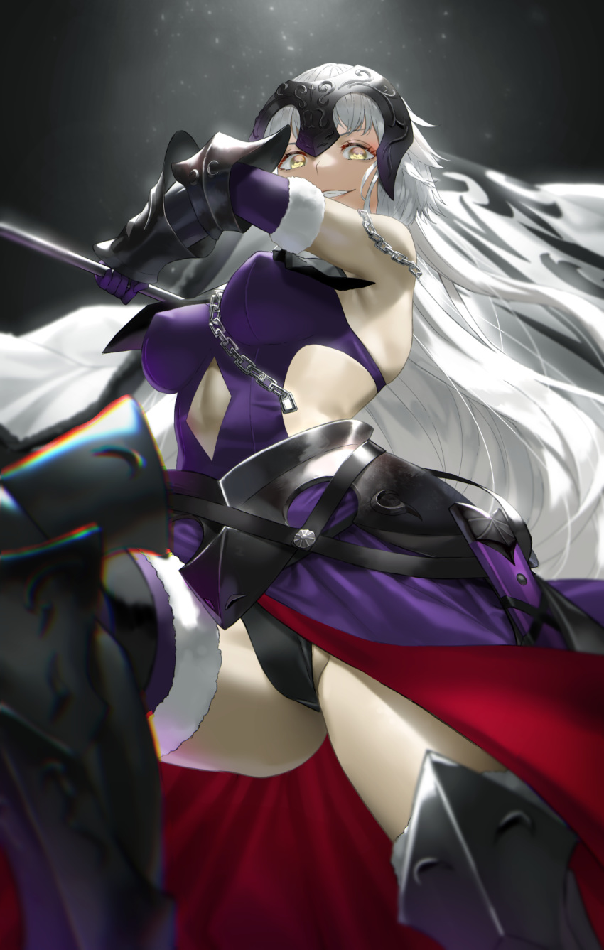 1girl arm_guards arm_up armored_boots armpits bare_shoulders between_breasts black_panties boots breasts chain covered_nipples dark_background dress elf fate/grand_order fate_(series) fauls from_below fur-trimmed_gloves fur-trimmed_legwear fur_trim giji_(gishi2186) gloves grin groin headpiece highres holding holding_weapon jeanne_d'arc_(alter)_(fate) jeanne_d'arc_(fate)_(all) large_breasts long_hair looking_at_viewer looking_down open_mouth pale_skin panties pantyshot pointy_ears purple_dress purple_footwear purple_gloves silver_hair sleeveless sleeveless_dress smile solo spotlight teeth thigh_boots thighhighs thighhighs_under_boots thighs underwear very_long_hair weapon yellow_eyes