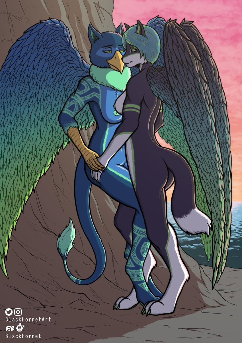 absurd_res angel anthro ashlyn_(blackhornet) avian beak big_wings blackhornet breasts canid canine canis detailed_background duo eye_contact facing_each_other feathers female female/female fox green_eyes green_nipples gryphon hi_res hybrid looking_at_another mammal multicolored_body multicolored_feathers mythological_avian mythology nipples two two_tone_body wings