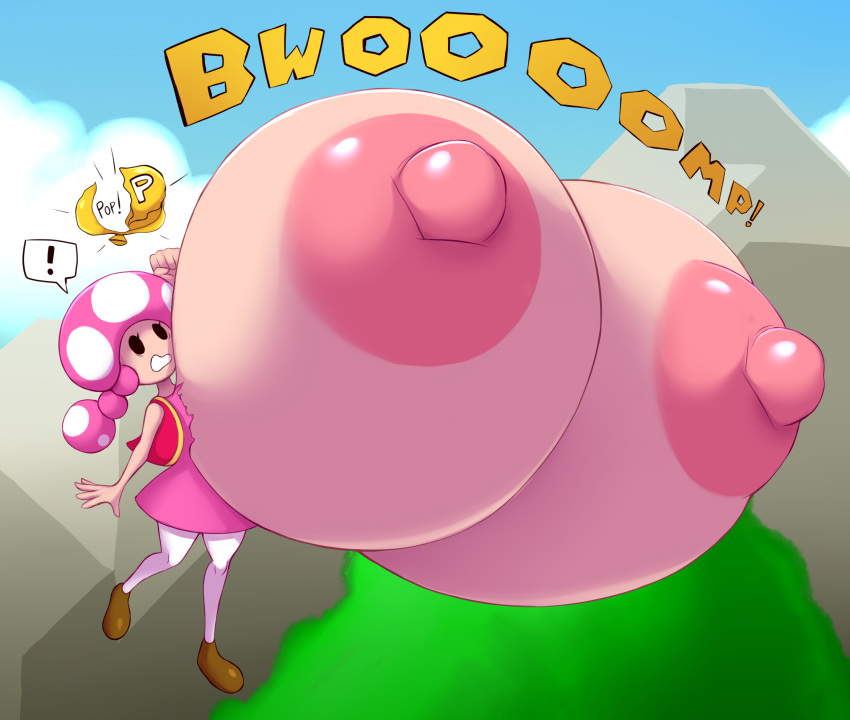 big_breasts black_eyes breast_expansion breasts clothing elemental_creature elfdrago english_text female fungi_fauna fungus hi_res huge_breasts humanoid hyper hyper_breasts mario_bros nintendo nipples pink_nipples solo text toad_(mario) toadette torn_clothing video_games