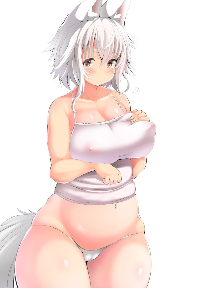 animal_humanoid belly big_breasts blush breasts camel_toe canid canid_humanoid canine canine_humanoid cleavage clothed clothing female fur glistening glistening_body glistening_skin hair hi_res holding_breast humanoid inner_ear_fluff light_skin looking_at_viewer mammal mammal_humanoid midriff momiji_inubashiri monotone_hair navel nipple_outline panties shishi_juuroku shy simple_background slightly_chubby solo standing thick_thighs topwear touhou tuft underwear video_games white_background white_body white_clothing white_fur white_hair white_topwear wolf_humanoid yellow_eyes