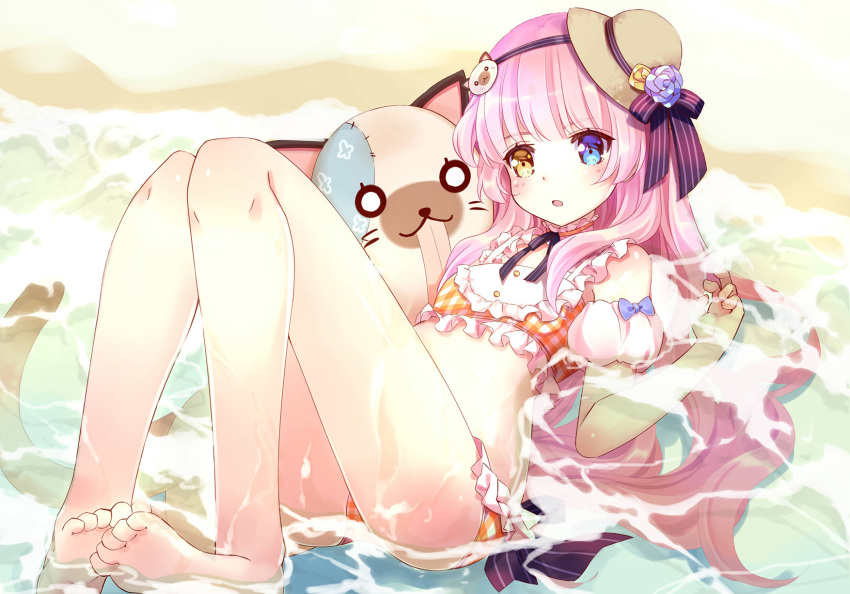 1girl 54hao ass bare_legs bare_shoulders barefoot beach bikini blue_eyes detached_sleeves eksistere_kyrenia frilled_bikini frills girl_cafe_gun hairband hat heterochromia highres knees_up long_hair looking_at_viewer open_mouth orange_bikini pink_hair plaid plaid_bikini reclining sand solo stuffed_animal stuffed_cat stuffed_toy sun_hat swimsuit thighs tilted_headwear water wet yellow_eyes