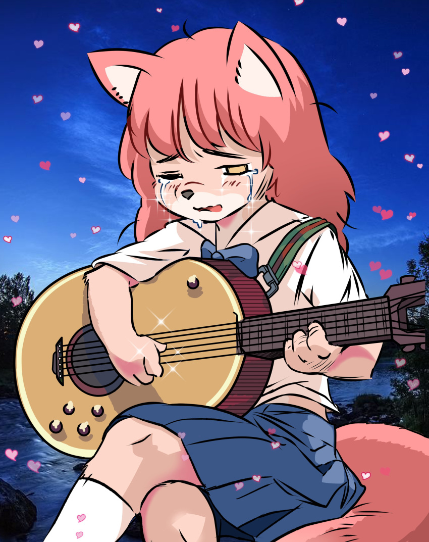 &lt;3 2019 4_fingers absurd_res anthro bodily_fluids bottomwear bow_tie canid canine clothed clothing crossed_legs crying female fingers fluffy fluffy_tail footwear fur fur_(theterm) guitar hair hi_res long_hair mammal musical_instrument one_eye_closed only_izu pink_body pink_fur pink_hair plucked_string_instrument sad shoes sitting skirt solo sparkles string_instrument tears