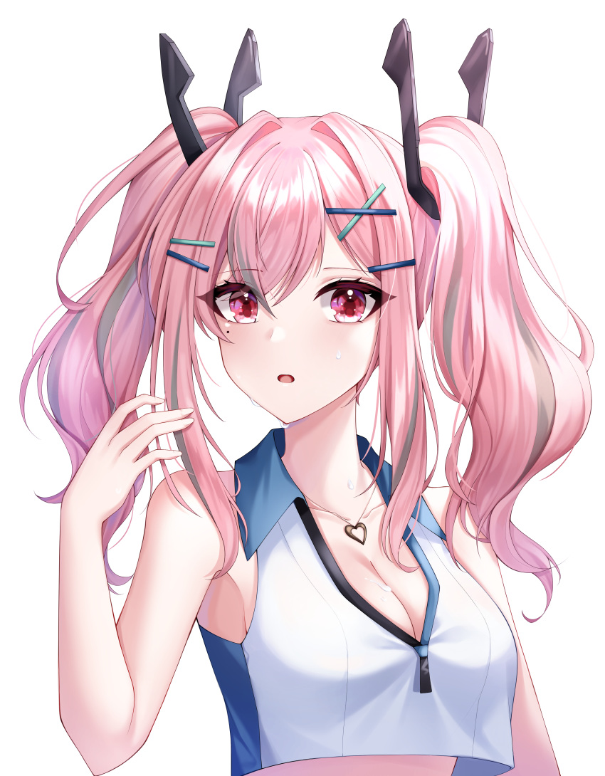 1girl :o absurdres armpits azur_lane bangs bare_shoulders blush breasts bremerton_(azur_lane) bremerton_(scorching-hot_training)_(azur_lane) cleavage collarbone collared_shirt commentary crop_top crop_top_overhang eyebrows_visible_through_hair grey_hair hair_between_eyes hair_in_mouth hair_ornament hairclip hand_up heart heart_necklace highres hu_qu long_hair looking_at_viewer medium_breasts midriff mole mole_under_eye multicolored_hair pink_eyes pink_hair shirt sidelocks simple_background sleeveless sleeveless_shirt solo sportswear streaked_hair sweat tennis_uniform twintails two-tone_hair two-tone_shirt upper_body white_background white_shirt x_hair_ornament