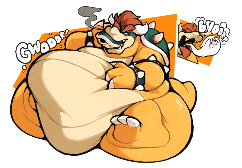 2020 anthro belly big_belly big_butt blush boot_(artist) bowser bowser's_inside_story burping butt digestion ghost group hair hand_on_stomach hi_res horn hyper hyper_belly koopa male male_focus mario_bros nintendo open_mouth orange_body orange_hair overweight overweight_male scalie shell simple_background spirit super_smash_bros. video_games vore white_background