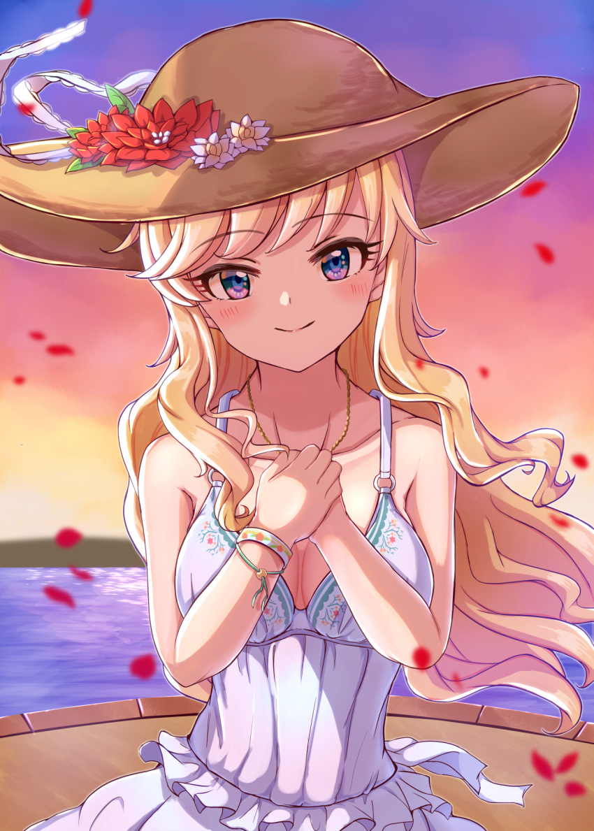 1girl armpits arms_up backlighting bare_arms bare_shoulders blush bracelet breasts brown_headwear cleavage closed_mouth collarbone commentary_request dress eyebrows_visible_through_hair floating_hair flower frilled_dress frills gradient_sky hands_on_own_chest hat hat_flower hat_ornament highres idolmaster idolmaster_cinderella_girls jewelry looking_at_viewer medium_breasts necklace ootsuki_yui outdoors own_hands_together petals purple_eyes red_flower sky smile solo sun_hat sunset takoyakiudon water wavy_mouth white_dress white_flower wind