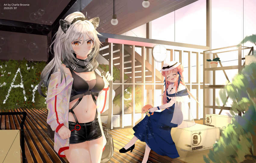 2girls :d ^_^ absurdres animal_ear_fluff animal_ears arknights bag bangs bare_shoulders black_footwear black_scarf black_shorts blue_dress box breasts brown_eyes cat_ears ceylon_(arknights) chinese_commentary clock closed_eyes commentary_request cowboy_shot crop_top dated double_bun dress hair_between_eyes head_tilt high_heels highres holding indoors jacket long_hair looking_at_viewer medium_breasts midriff multiple_girls navel off_shoulder open_mouth pantyhose penguin_logistics_logo pink_hair plant potted_plant revision scarf schwarz_(arknights) shirt short_shorts shorts silver_hair sitting smile standing stomach thighs v-shaped_eyebrows white_headwear white_jacket white_legwear white_shirt zhuangfei_chali_bulangni