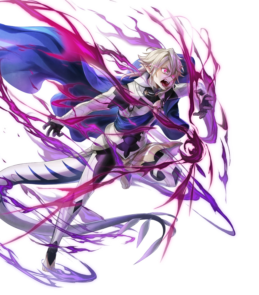 1boy alternate_costume argon_(exys) aura barefoot cape corrin_(fire_emblem) corrin_(fire_emblem)_(male) dragon_tail fangs fire_emblem fire_emblem_fates fire_emblem_heroes full_body gloves glowing glowing_eyes highres official_art open_mouth pointy_ears purple_eyes red_eyes tail teeth transparent_background white_hair