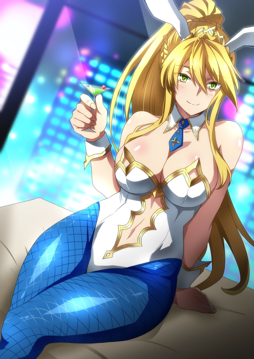1girl ahoge animal_ears artoria_pendragon_(all) artoria_pendragon_(swimsuit_ruler)_(fate) bangs bare_shoulders blonde_hair blue_legwear blue_neckwear blush braid breasts bunny_ears bunnysuit cleavage closed_mouth cocktail_glass collarbone cup detached_collar drinking_glass fate/grand_order fate_(series) fishnet_legwear fishnets french_braid green_eyes hair_between_eyes hera_(hara0742) highleg highleg_leotard highres large_breasts leotard long_hair looking_at_viewer navel navel_cutout necktie ponytail revision sidelocks sitting smile solo thighs tiara white_leotard wrist_cuffs