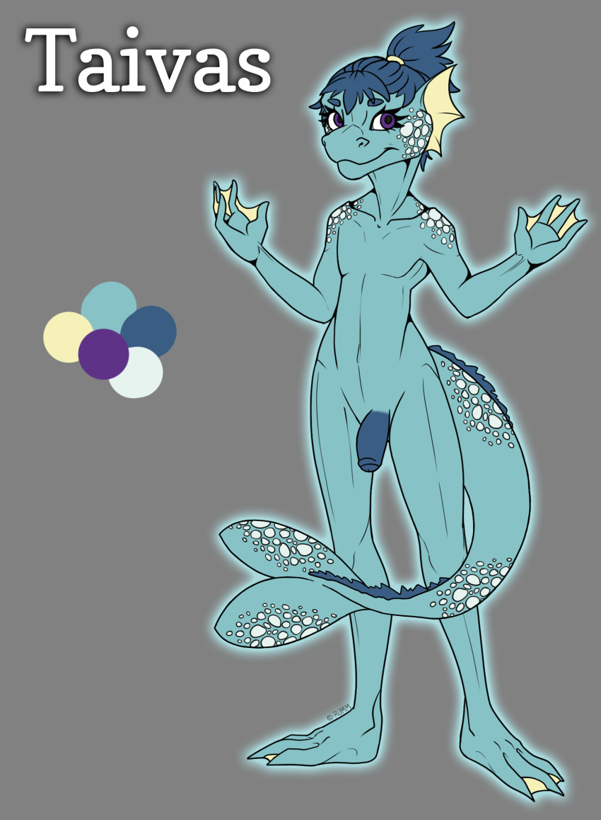 2019 anthro blue_hair digital_drawing_(artwork) digital_media_(artwork) fish flaccid frill_(anatomy) genitals girly hair hi_res hybrid kobold light_blue_skin male marine membrane_(anatomy) model_sheet penis purple_eyes smile solo spots spotted_body spotted_skin standing taivas_ensim web_(disambiguation) webbed_feet webbed_hands xlucianx