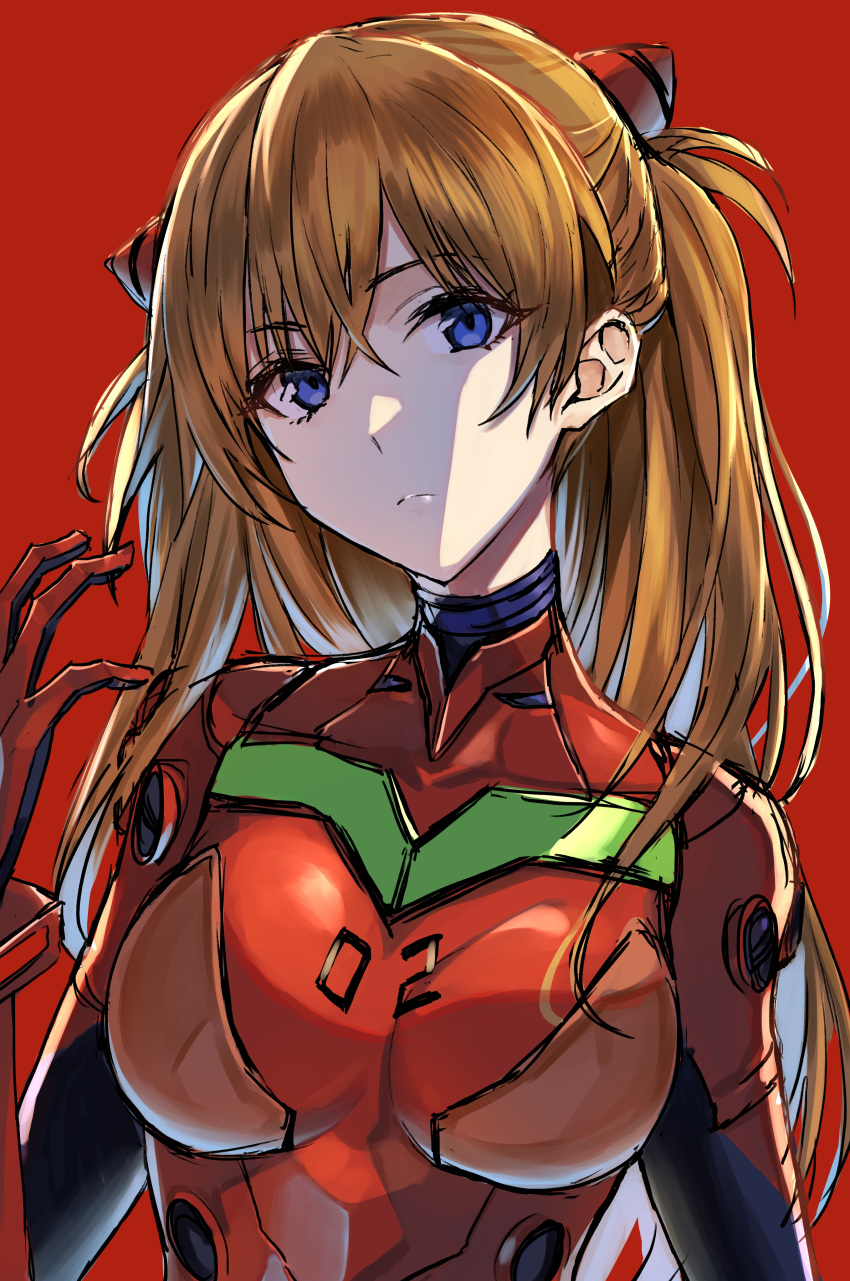 1girl absurdres bangs blue_eyes bodysuit breasts brown_hair closed_mouth eyebrows_visible_through_hair fujitsubo_(hujitubo0731) gloves hand_up head_tilt highres long_hair looking_at_viewer medium_breasts neon_genesis_evangelion number plugsuit red_background red_bodysuit red_gloves shikinami_asuka_langley simple_background solo souryuu_asuka_langley two_side_up upper_body