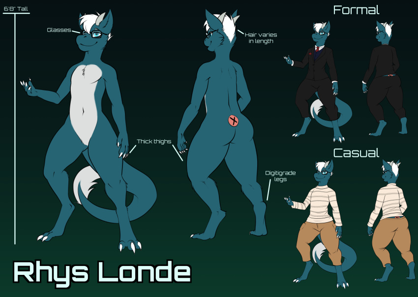 2019 absurd_res anthro blue_body blue_fur claws clothed clothing digital_drawing_(artwork) digital_media_(artwork) dragon english_text eyewear fur furred_dragon glasses handkerchief hi_res male mammal model_sheet nude outfits pheonixbat rhys rhys_londe simple_background solo standing suit sweater text topwear