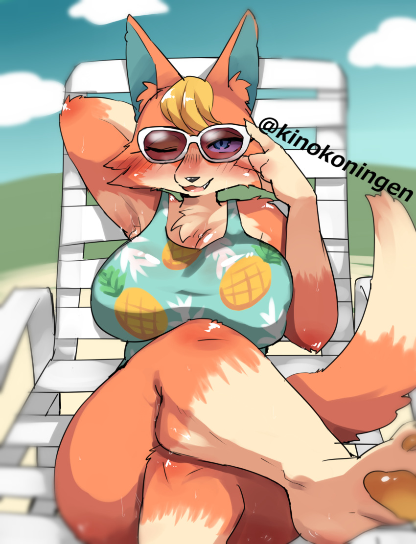 animal_crossing anthro audie_(animal_crossing) big_breasts blush bodily_fluids breasts canid canine canis clothing eyewear female hi_res kinokoningen looking_at_viewer mammal nintendo one_eye_closed open_mouth solo sunglasses sweat video_games wolf