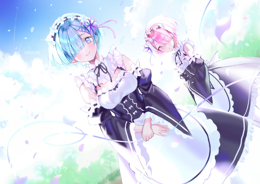 2girls blue_eyes blue_hair clouds headband maid mullpull pink_eyes pink_hair ram_(re:zero) re:zero_kara_hajimeru_isekai_seikatsu rem_(re:zero) short_hair sky twins