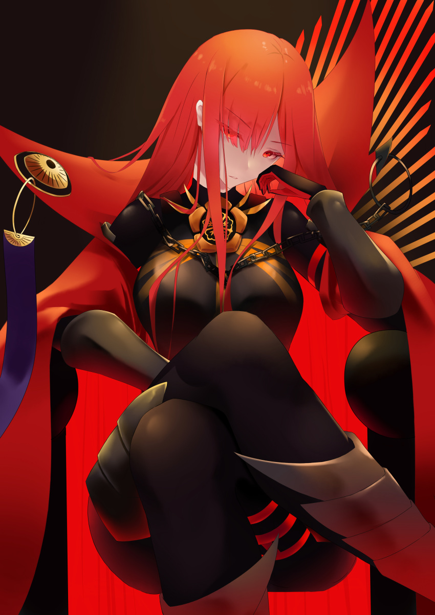 1girl absurdres armored_boots bangs black_background black_bodysuit bodysuit boots bracer breasts cape chain collared_cape crossed_legs family_crest fate/grand_order fate_(series) gloves hair_over_one_eye highres koha-ace large_breasts long_hair looking_at_viewer niie oda_nobunaga_(fate)_(all) oda_nobunaga_(maou_avenger)_(fate) oda_uri parted_lips popped_collar red_cape red_eyes red_hair simple_background sitting solo thighs