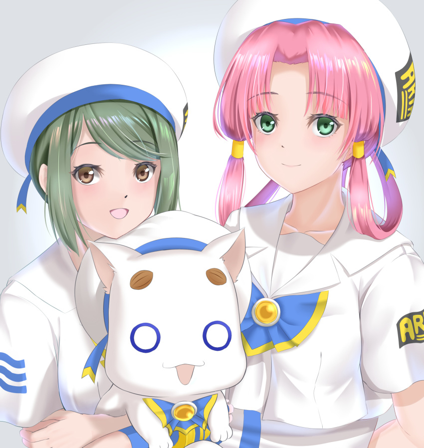 2girls absurdres ai_(aria) aria aria_company_uniform aria_pokoteng beret blouse blush cat hat highres kamehito looking_at_viewer mizunashi_akari multiple_girls simple_background smile upper_body