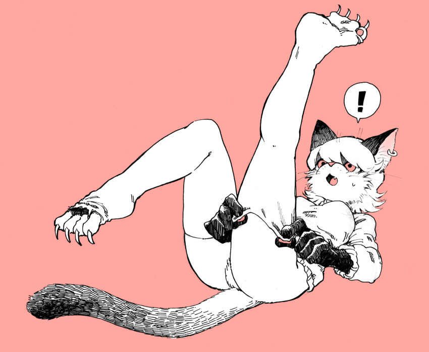 ! 2018 4_toes 5_fingers anthro bodily_fluids breasts clothing dressing ear_piercing ear_ring felid feline female fingers hair hi_res kemono mammal medium_breasts open_mouth piercing pink_background pororikin shirt simple_background snout solo surprise sweat toes tongue topwear whiskers
