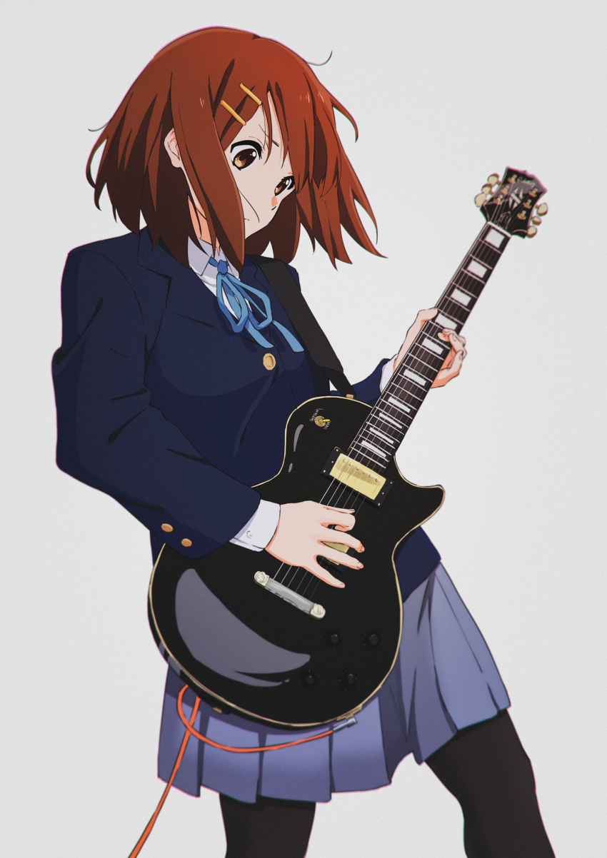 1girl artist_request black_legwear blazer bow brown_eyes brown_hair cable electric_guitar guitar hair_ornament hairclip highres hirasawa_yui instrument jacket k-on! les_paul looking_down medium_hair pantyhose pleated_skirt school_uniform shirt simple_background skirt solo tagme white_shirt