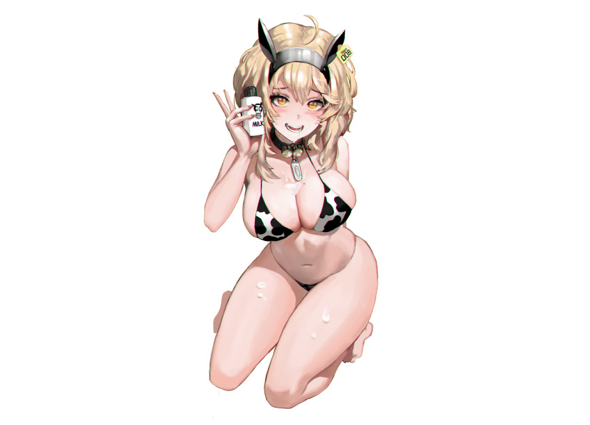 animal_ears barefoot bell bikini blonde_hair blush breasts cleavage collar cowgirl drink headband ihobus orange_eyes original short_hair swimsuit white