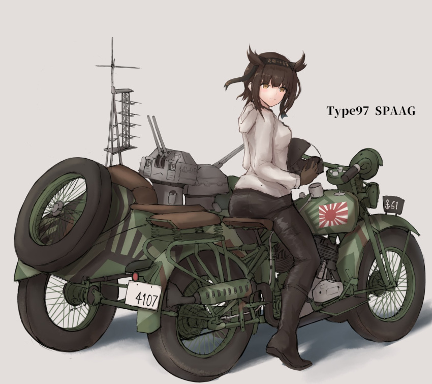 1girl 2others alternate_costume beige_background black_pants brown_hair chou-10cm-hou-chan_(hatsuzuki's) commentary_request flag full_body grey_jacket ground_vehicle hair_flaps hatsuzuki_(kantai_collection) headwear_removed helmet helmet_removed highres hood hooded_jacket hoodie jacket k_jie kantai_collection license_plate looking_at_viewer motor_vehicle motorcycle motorcycle_helmet multiple_others pants riding rising_sun short_hair sidecar simple_background spare_tire sunburst tire type_97_motorcycle vehicle_request yellow_eyes