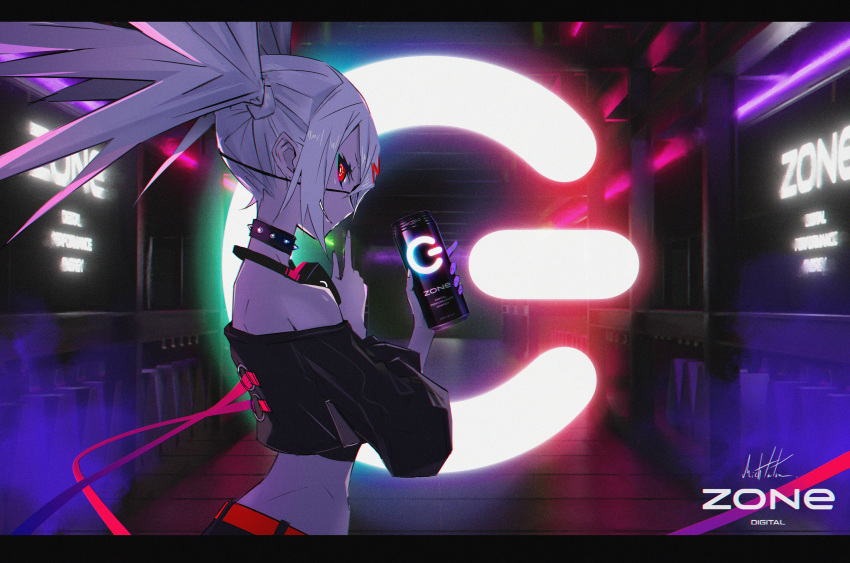 1girl bare_shoulders belt black_collar can collar english_text eyepatch eyeshadow fingernails glowing grey_hair highres holding holding_can long_fingernails long_hair makeup mouth_visible_through_hair navel original palow power_symbol red_eyes signature smile solo spiked_collar spikes twintails