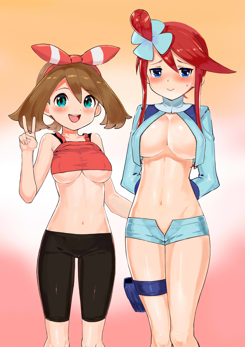 1girl 2girls absurdres areola_slip areolae bangs bike_shorts black_shorts blue_eyes blush breasts brown_hair cameltoe covered_nipples fuuro_(pokemon) gradient gradient_background gym_leader hair_ornament hair_ribbon haruka_(pokemon) highres large_breasts long_hair looking_at_viewer midriff multiple_girls navel open_mouth pokemon red_hair ribbon short_hair shorts sidelocks smile tagme toranoe unzipped