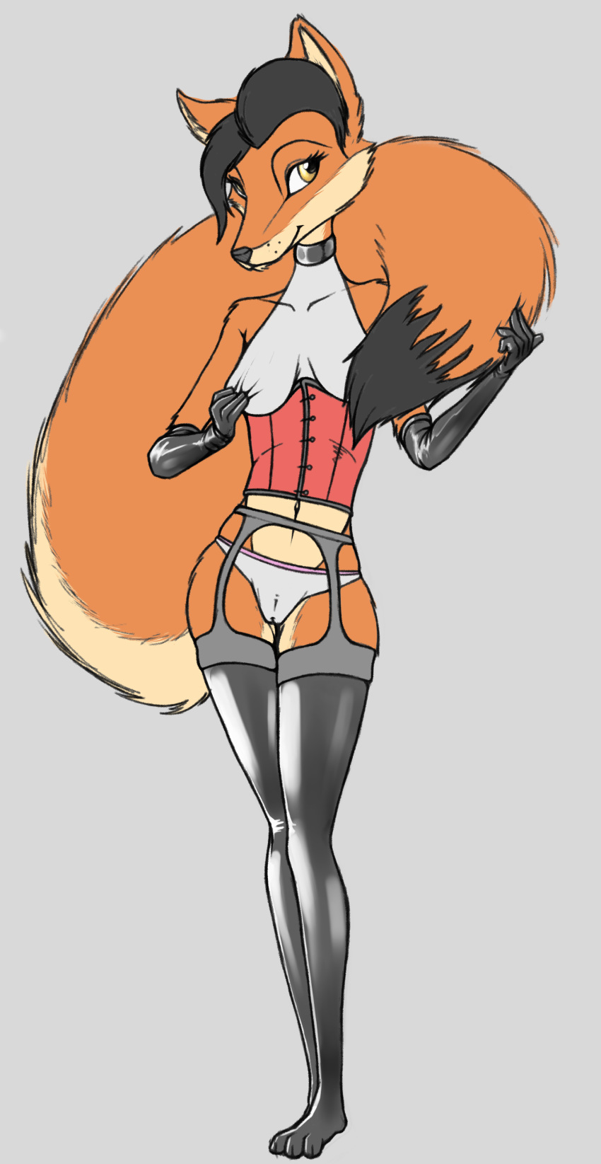 absurd_res angelique anthro canid canine clothing corset female fox graboiidz hi_res lingerie mammal panties rubber solo topwear underwear
