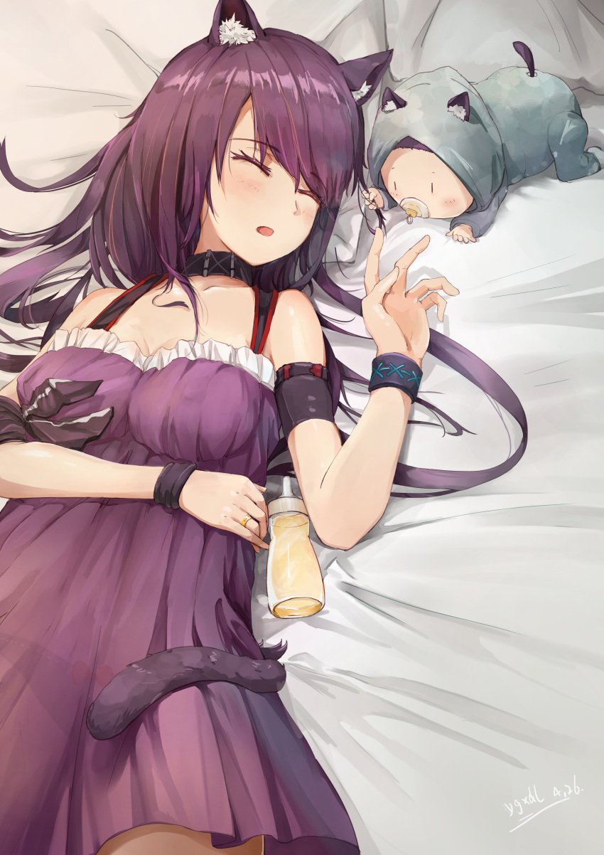 1girl 1other absurdres ambiguous_gender animal_ears arknights baby baby_bottle bottle cat_ears cat_tail chinese_commentary commentary_request covered_nipples dress highres melantha_(arknights) milk mother_and_child panties purple_dress purple_hair see-through_silhouette sleeping tail underwear ygxdl