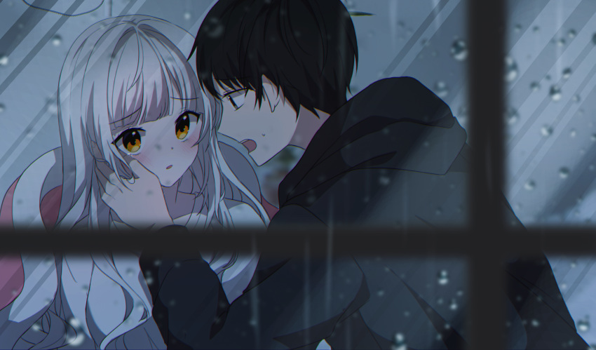 1boy 1girl black_hair black_hoodie blanket blurry blurry_foreground blush collarbone commentary_request depth_of_field dress eye_contact from_outside grey_eyes grey_hair highres hood hood_down hoodie long_hair looking_at_another miyo_(user_zdsp7735) open_mouth orange_eyes original parted_lips profile rain sweat tears upper_body upper_teeth white_dress wiping_tears