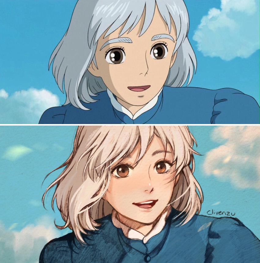 1girl :d blue_dress blue_sky brown_eyes clivenzu cloud cloudy_sky commentary derivative_work dress english_commentary graphite_(medium) grey_hair highres howl_no_ugoku_shiro looking_at_viewer open_mouth photo reference_work screencap signature sky smile solo sophie_(howl_no_ugoku_shiro) traditional_media