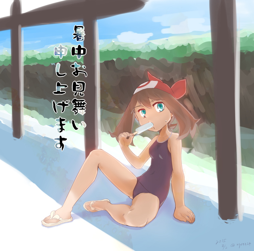 1girl bandana brown_hair food haruka_(pokemon) highres ice_cream looking_at_viewer nyonn24 one-piece_swimsuit pokemon pokemon_(game) pokemon_rse popsicle sandals solo swimsuit