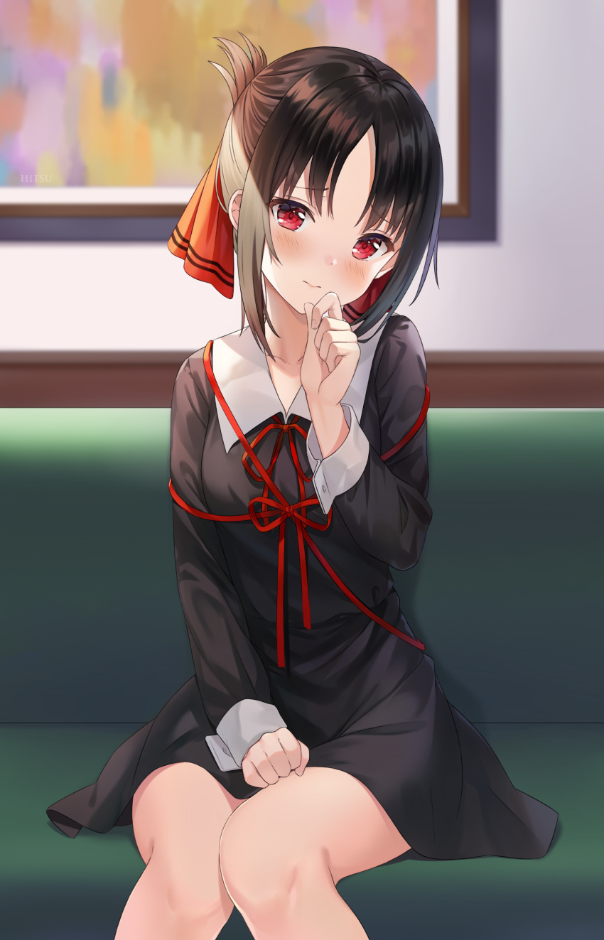 1girl 3: bangs black_dress black_hair blush closed_mouth collared_dress commentary_request couch dress eyebrows_visible_through_hair feet_out_of_frame folded_ponytail hair_ribbon head_tilt highres hitsukuya indoors kaguya-sama_wa_kokurasetai_~tensai-tachi_no_renai_zunousen~ looking_at_viewer neck_ribbon on_couch parted_bangs red_eyes red_ribbon ribbon school_uniform shinomiya_kaguya sidelocks sitting solo