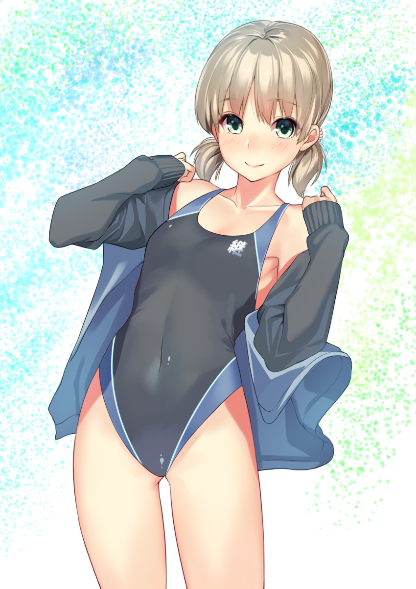 1girl adapted_costume aki_(girls_und_panzer) bare_shoulders black_swimsuit blonde_hair blue_jacket breasts closed_mouth collarbone competition_swimsuit covered_navel cowboy_shot eyebrows eyebrows_visible_through_hair girls_und_panzer green_eyes hair_tie highres jacket kagematsuri long_sleeves looking_at_viewer low_twintails multicolored multicolored_background off_shoulder one-piece_swimsuit open_clothes open_jacket open_track_jacket revision short_hair skin_tight sleeves_past_wrists small_breasts smile solo standing swimsuit thighs track_jacket twintails undressing