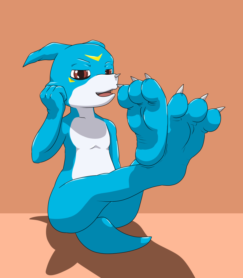 2020 3_toes absurd_res ambiguous_gender blue_eyes claws digimon digimon_(species) doopnoop_(artist) dragon fangs feet fingers foot_fetish half-closed_eyes head_markings hi_res markings narrowed_eyes open_mouth orange_background paws raised_leg red_eyes reptile scalie simple_background sitting smile solo toe_claws toes tongue veemon white_body yellow_markings