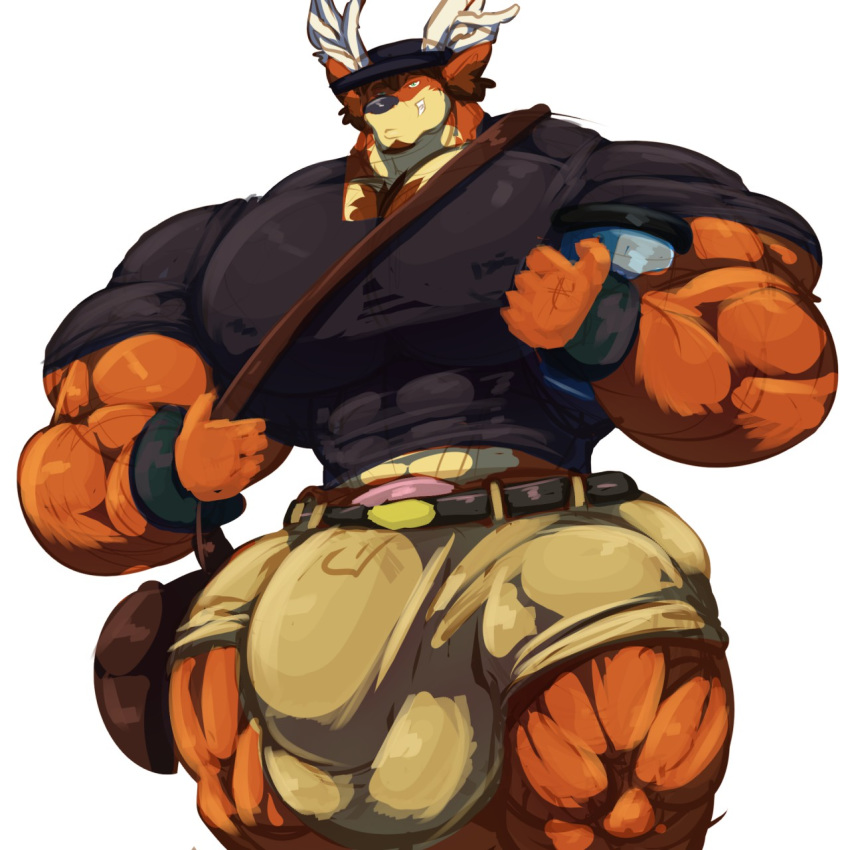 1:1 anthro antlers bag balls beard belt big_balls big_bulge big_muscles big_penis bobert bottomwear bulge cervid clothing facial_hair genitals hi_res holding_object horn huge_balls huge_bulge huge_muscles huge_penis hyper hyper_balls hyper_bulge hyper_genitalia hyper_muscles hyper_penis male mammal muscular nipples pants penis plexel shirt short_pants simple_background smile solo topwear white_background