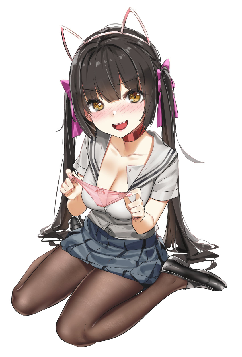 1girl absurdres black_hair blush breasts cat_hair_ornament choker cleavage copyright_request hair_ornament highres large_breasts lips long_hair pleated_skirt presenting_panties simple_background sitting skirt smile tagme twintails uniform wariza wet.elephant white_background yellow_eyes