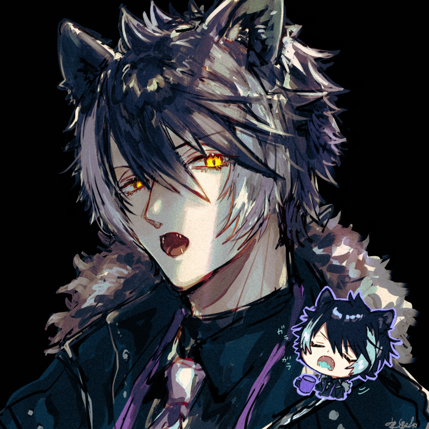 1boy animal_ears black_background black_coat black_hair coat fangs fur_trim grey_hair hair_between_eyes highres holostars kageyama_shien looking_at_viewer male_focus multicolored_hair open_mouth pants portrait simple_background solo streaked_hair syukonbu yellow_eyes