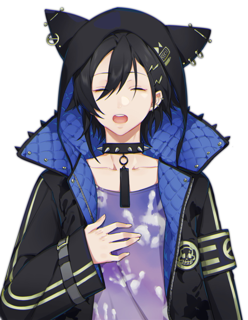 1boy anchun_(quail0503) animal_ears black_footwear black_hair closed_eyes collar collarbone facing_viewer hair_between_eyes hand_print highres holostars hood hood_up hoodie kanade_izuru male_focus open_mouth solo spiked_collar spikes standing virtual_youtuber white_background