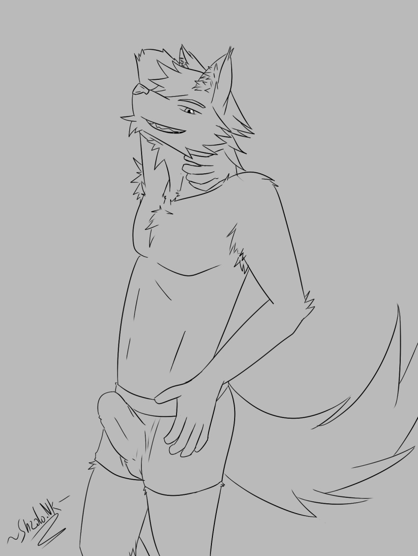 anthro bulge canid canine canis clothing hi_res line_art male mammal monochrome shadonk skinny solo underwear wolf