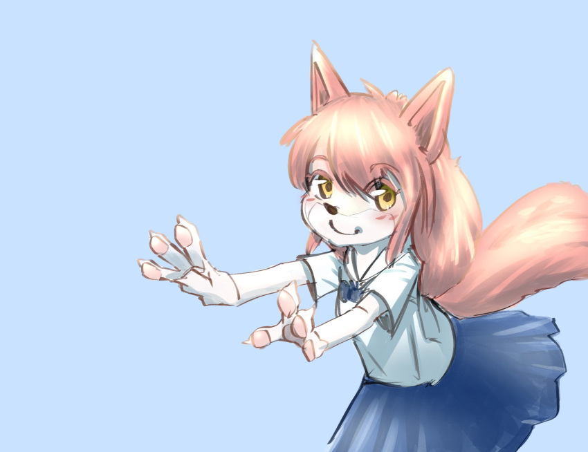 2020 4_fingers anthro blue_background blush bottomwear bow_tie canid canine clothed clothing female fingers fluffy fluffy_tail fox fur fur_(theterm) hair happy hi_res iurub mammal pink_body pink_fur pink_hair simple_background skirt smile solo translucent translucent_hair yellow_eyes