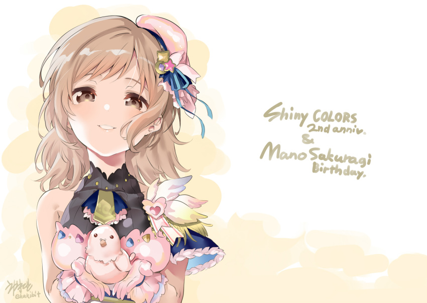 1girl animal anniversary bangs bare_shoulders beret bird blue_ribbon breasts brown_eyes brown_hair character_name commentary_request copyright_name covered_collarbone dress ekakibito eyebrows_behind_hair hat heart holding holding_animal idolmaster idolmaster_shiny_colors long_hair looking_at_viewer medium_breasts parted_lips pink_dress pink_headwear ribbon sakuragi_mano signature sleeveless sleeveless_dress solo star tilted_headwear twitter_username