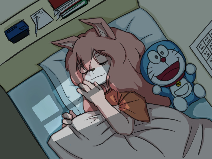 4:3 4_fingers anthro bed bed_sheet bedding book calendar canid canine doraemon_(character) eyes_closed female fingers fox fur fur_(theterm) furniture hair hi_res inside iurub lying mammal pillow pink_body pink_fur pink_hair plushie sleeping solo translucent translucent_hair