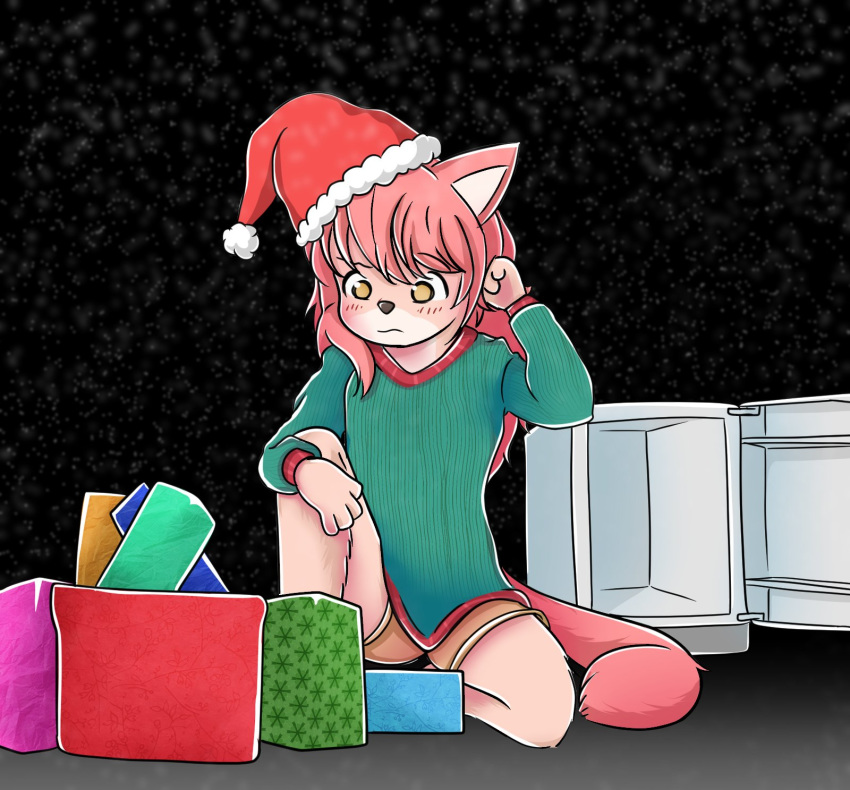 4_fingers anthro black_nose butt canid canine christmas clothed clothing dataremoved female fingers fox fridge fur_(theterm) gift hair hat headgear headwear hi_res holidays long_hair mammal pink_hair santa_hat solo sweater topwear yellow_eyes young