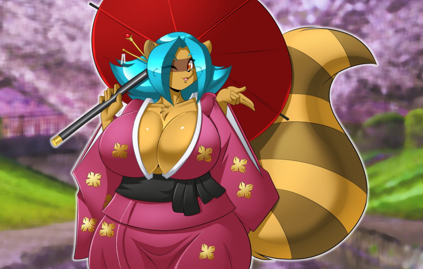 anthro asian_clothing blue_hair breasts canid canine cherry_blossom cleavage clothed clothing colored east_asian_clothing female hair japan japanese_clothing mammal mastergodai one_eye_closed plant raccoon_dog solo tanuki umbrella wink